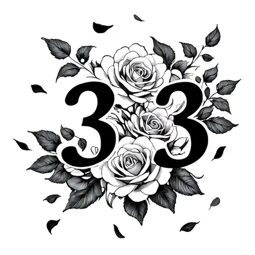 art deco with number 33 and rose petals flying around tattoo design idea