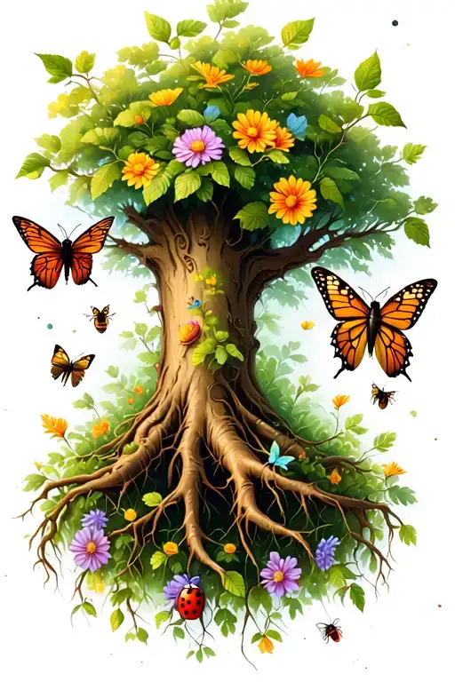 tree roots starting at the shoulder, add leaves, flowers, butterflies, bees, ladybugs tattoo design idea