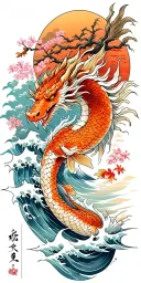 A fierce dragon emerging from the ocean waves with koi fish and cherry blossom trees in the background tattoo design idea