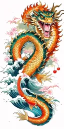 A fierce dragon emerging from the ocean waves with koi fish and cherry blossom trees in the background tattoo design idea