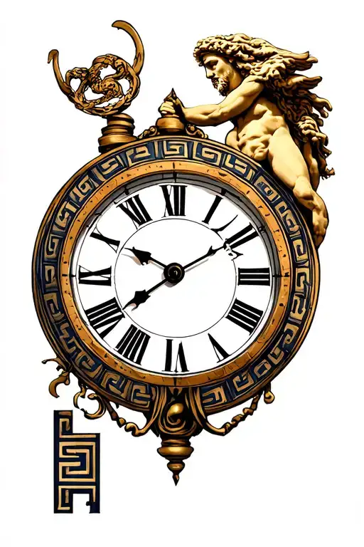 Greek key in clock with Zeus under for forearm tattoo design idea