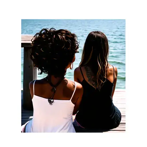 Mom and daughter are sitting on the pier with their back tattoo design idea