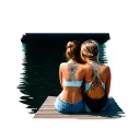 Mom and daughter are sitting on the pier with their back tattoo design idea