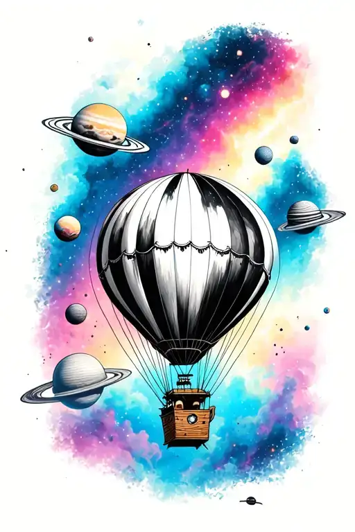 black and white air balloon in space and planets with a blue and pink aurora borealis tattoo design idea