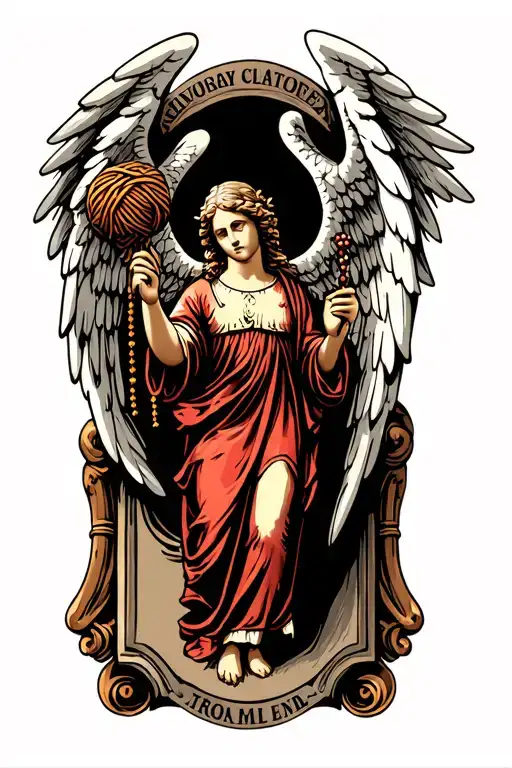 angel statue holding a yarn of thorns in one hand and a rosary in the other. standing on a plaque tattoo design idea