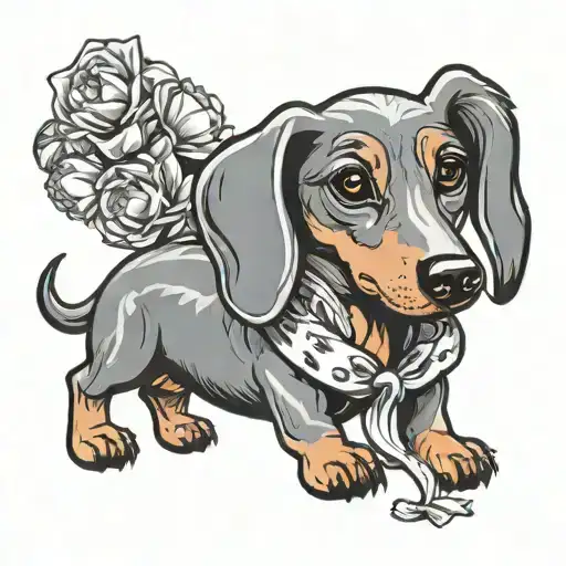 cartoon weiner dog with flowers tied together with a ribbon tattoo design idea