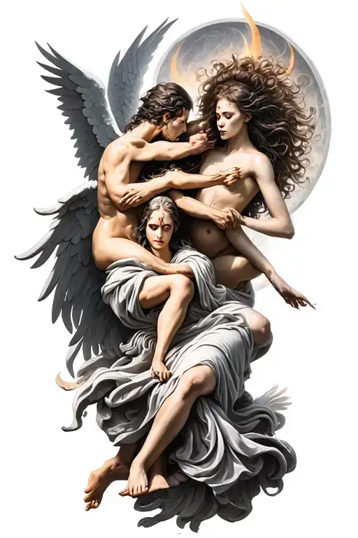 heaven vs hell theme with angels and demons fighting tattoo design idea