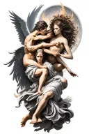 heaven vs hell theme with angels and demons fighting tattoo design idea