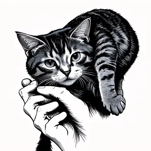 flat linework drawing of a human hand holding a cat's paw, minimalist, 2d, no shadow, simple, no face, no head tattoo design idea