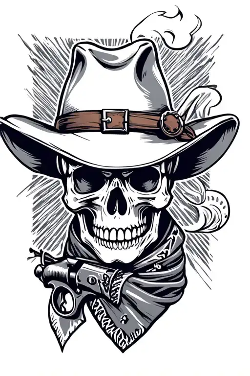 skull with cowbow hat and bandana around neck. aiming a smoking revolver  tattoo design idea