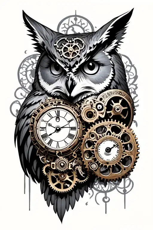a steampunk style with gears, a clock, and filligree integrating an obscure owl and fox heads  tattoo design idea