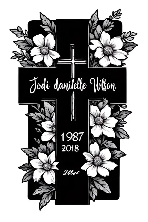 cross with flowers with Jodi danielle Wilson written with the date 1987-2018 tattoo design idea