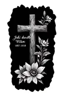 cross with flowers with Jodi danielle Wilson written with the date 1987-2018 tattoo design idea