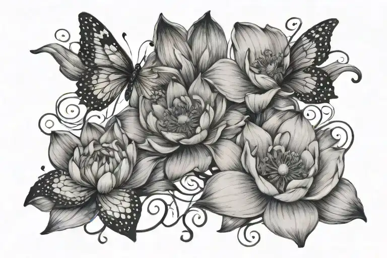 cursive saying I love you I do with a water lily flower and a hellebore flower connecting to the o butterflies on top tattoo design idea