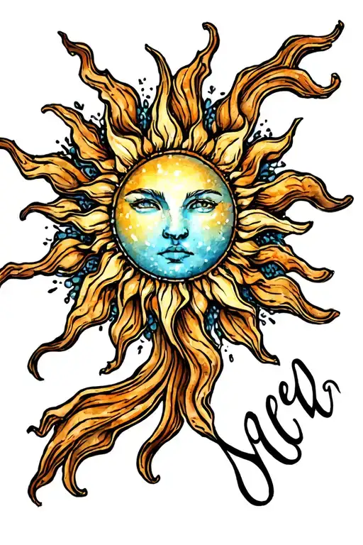 picture of a gorgeous winter sun with the word "new" written small in the right corner.  tattoo design idea