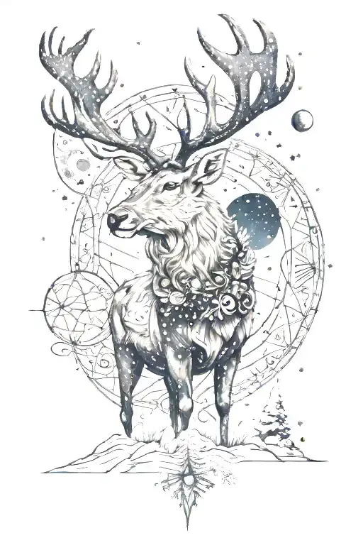 one reindeer on a snowy background  beneath a starry night sky with two moons tattoo design idea