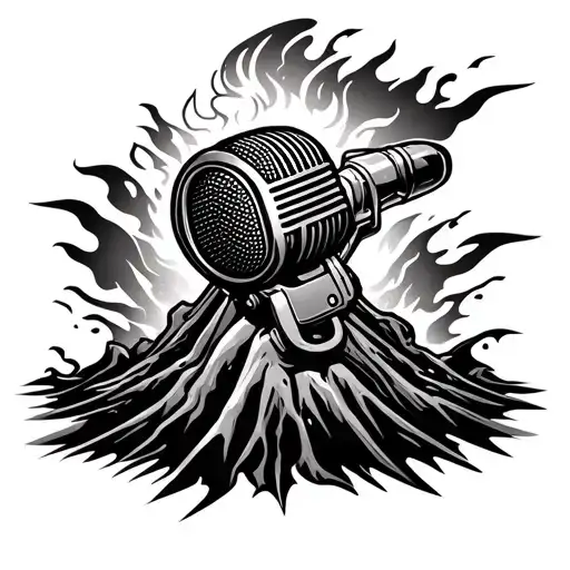  volcano and microphone and  engine and flames tattoo design idea