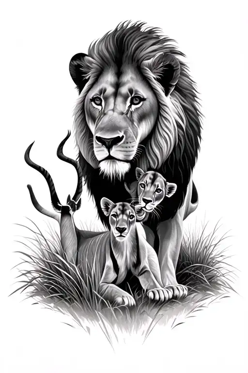 realistic lion tattoo 3 cubs in long grass preying on a gazelle tattoo design idea