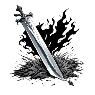•	Central Element: A forged sword planted upright into the ground, its blade glowing faintly with inner fire (embers alo tattoo design idea