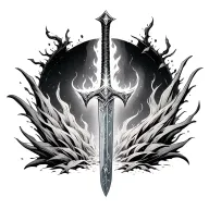 •	Central Element: A forged sword planted upright into the ground, its blade glowing faintly with inner fire (embers alo tattoo design idea