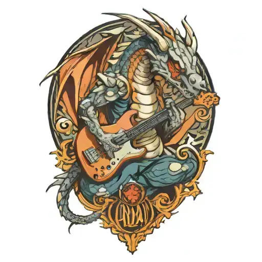 cute anime dragon playing a bass guitar tattoo design idea