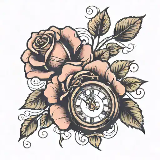 rose with clock tattoo design idea