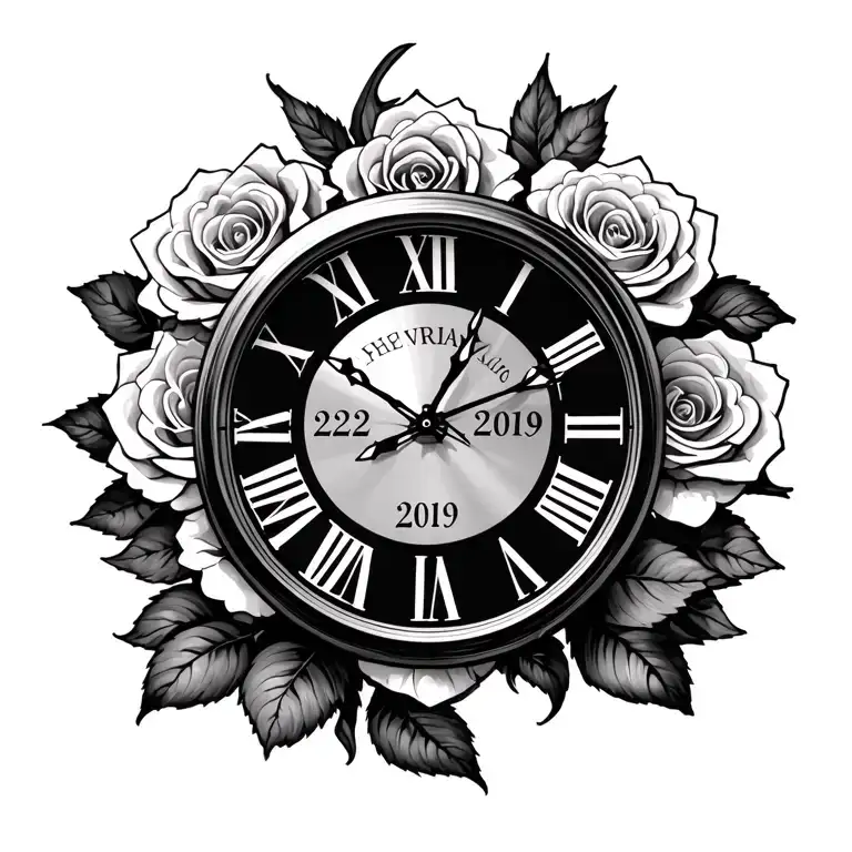 dialog clock in roman numerals with 22/02/2009 also in roman rumerals surrounded by roses tattoo design idea