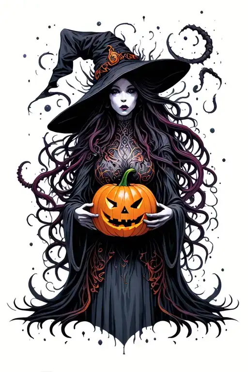 cyber witch holding jack-o'-lantern, tentacles, space, eldritch tattoo design idea