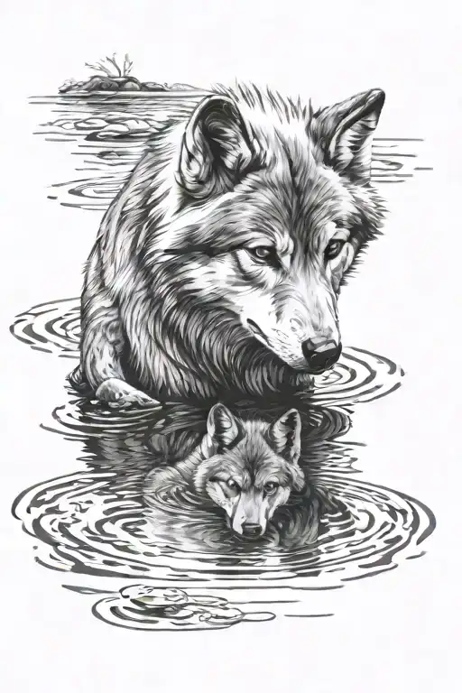 Baby wolf looking down into a river and seeing a reflection of an adult wolf in the water. realistic tattoo design idea