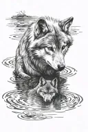 Baby wolf looking down into a river and seeing a reflection of an adult wolf in the water. realistic tattoo design idea