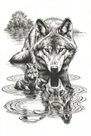 Baby wolf looking down into a river and seeing a reflection of an adult wolf in the water. realistic tattoo design idea