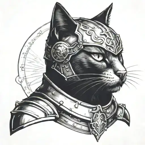 portrait of dark black cat head with knight helmet and armor on tattoo design idea