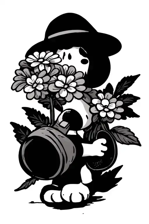 snoopy carrying flowers tattoo design idea