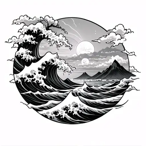 japanese coulds, sea, waves and mountains ultra detailed  tattoo design idea