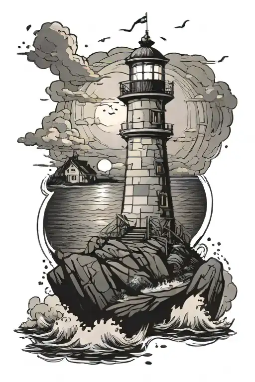 lighthouse on a rock in the water, cloudy night with full moon white, grey and black tattoo design idea