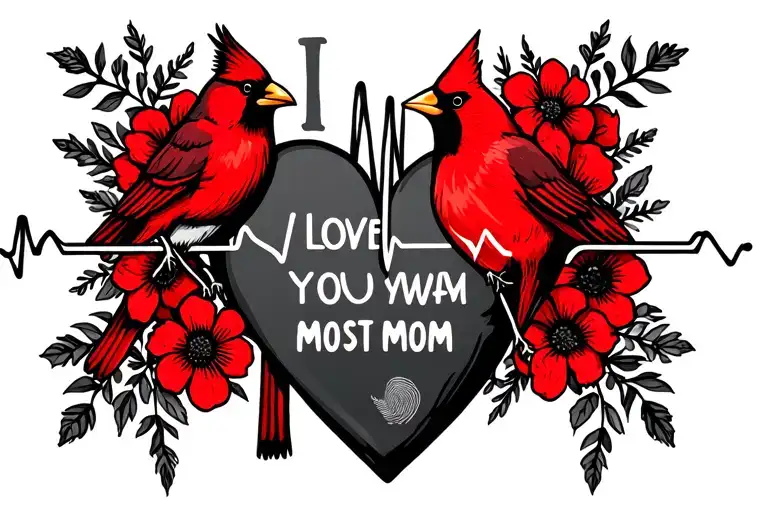 heart beat pulse and red cardinals and flowers around the words I love you most mom and with a thumb print  tattoo design idea