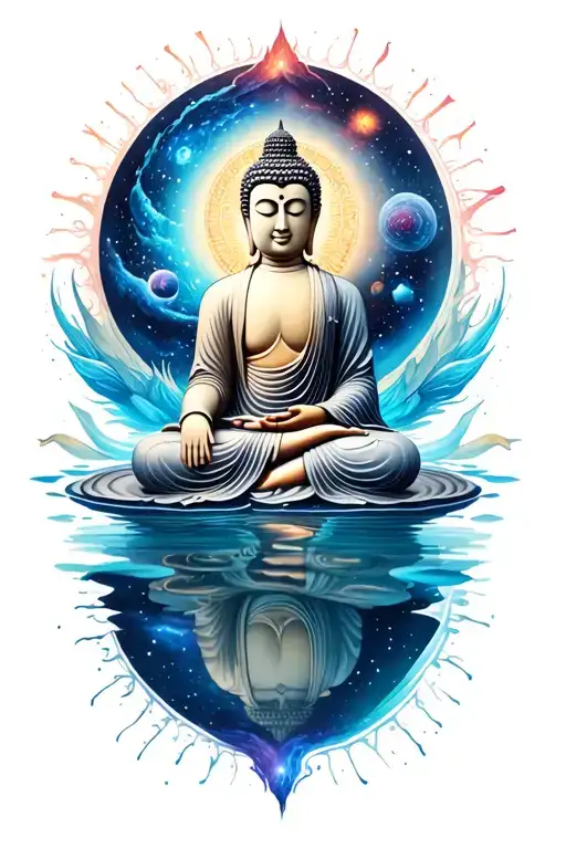 Tattoo in 3 parts integrated. Buddha meditating with universe in the centre. A reflection of the buddha. Infinity Water. tattoo design idea