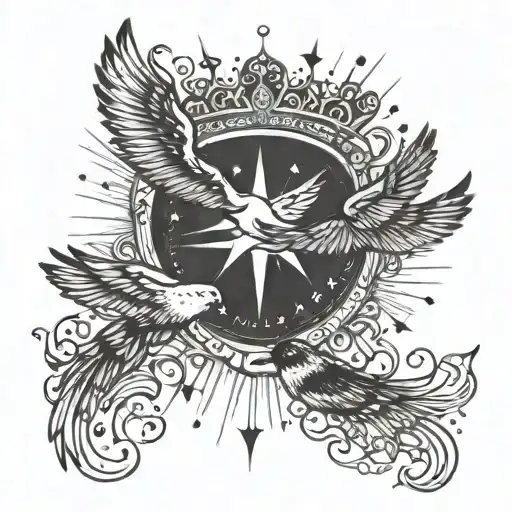 law of attraction crown gratitude birds flying and light rays tattoo design idea