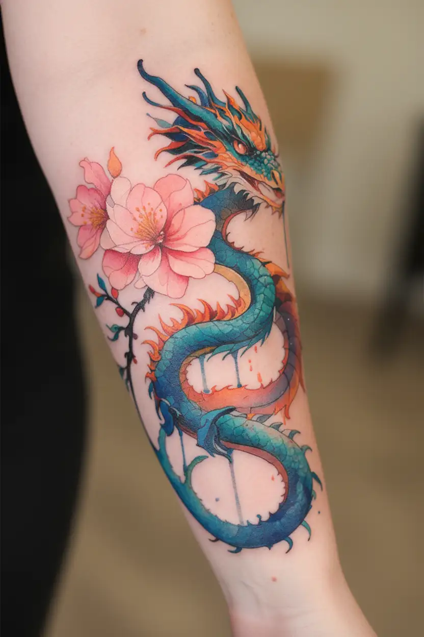 cherry-blossom with dragon wrapped coming tattoo design idea