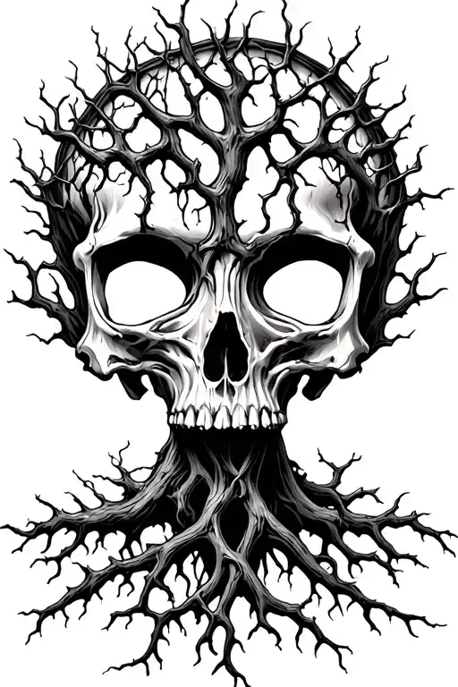 tree of life poisoned and dying thorns and vines dystopian skull covered by roots high detail tattoo design idea
