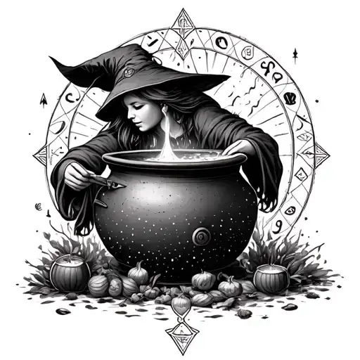 A witch brewing a potion in a cauldron, surrounded by mystical Nordic symbols tattoo design idea