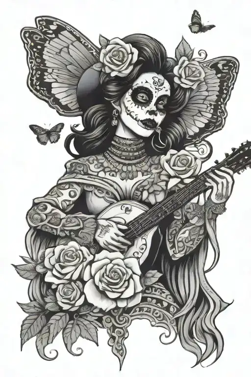 Day of the dead female mariachi singer white flowers butterflies tattoo design idea
