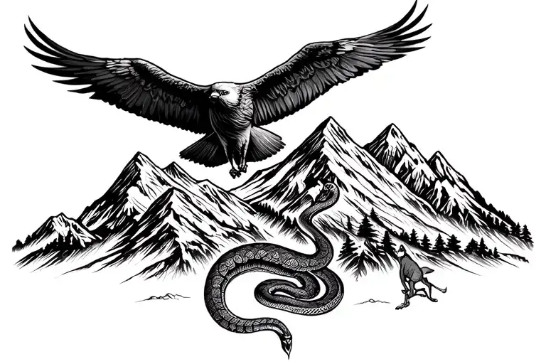 mountain range with coca leaves and a condor and a mountain lion climbing and a snake use pachamama spiral tattoo design idea