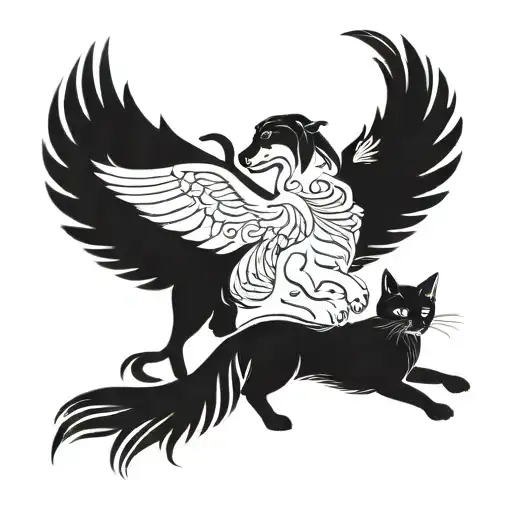 Silhouette of a dog and a cat surrounded by wings tattoo design idea