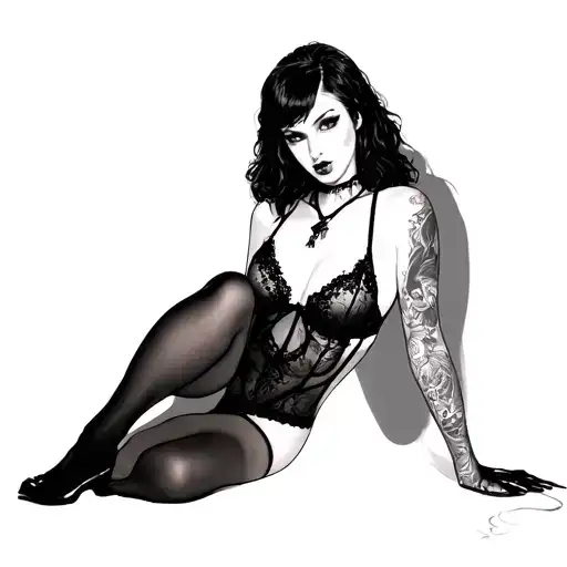 Goth woman sexy pose lingerie tattoo design idea