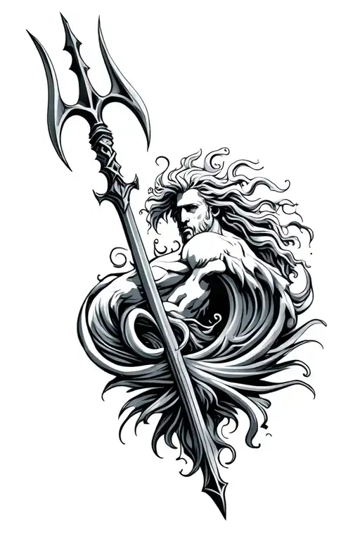 poseidon trident ocean waves tattoo design idea