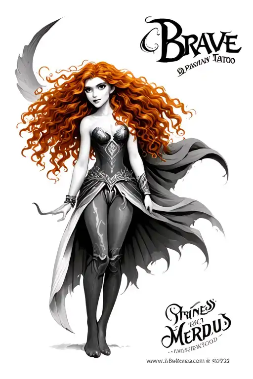 Full body of Princess Merida from the movie Brave but possessed with black/white soul-less eyes tattoo design idea