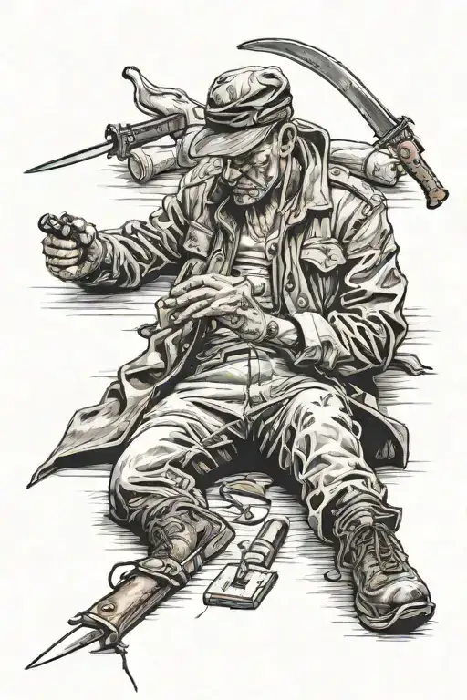 dead man with flat cap lying on the ground with a knife tattoo design idea