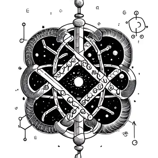 An intricate tattoo of the chemical structure of serotonin intertwined with the cosmic balance symbol, representing the connection between chemistry and the universe, in blackwork style tattoo design idea
