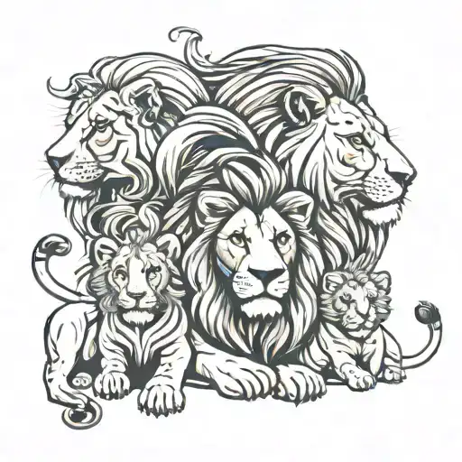 a lion family with a male, female lion and two little lions. tattoo design idea